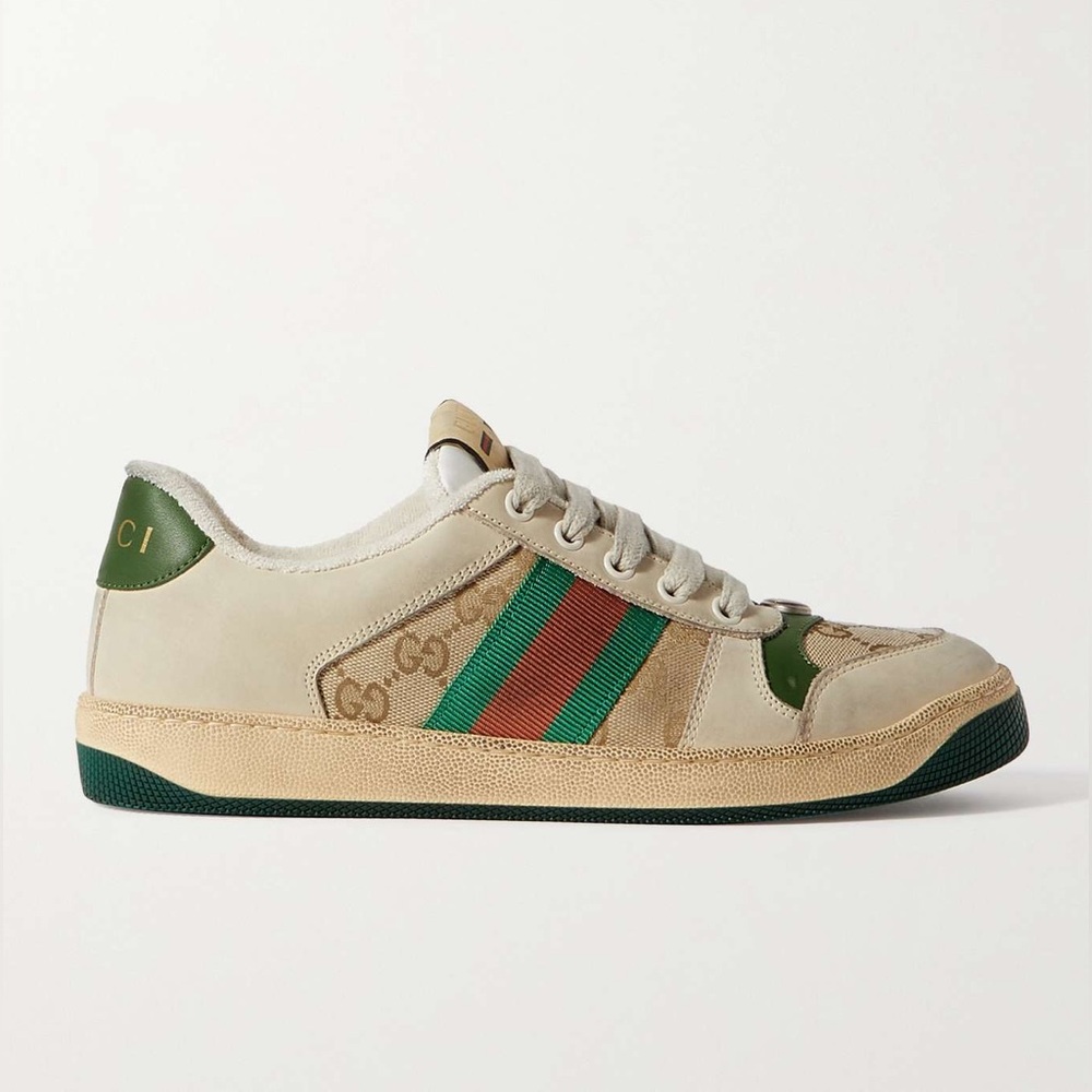 GUCCI Screener GG Web Sneakers Beige Monogram Green Leather Low Top 41 / 10.5